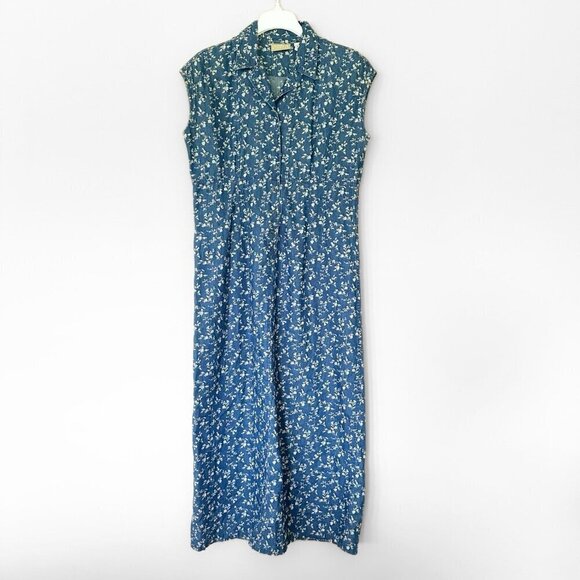 Liz Claiborne Dresses & Skirts - VTG Denim Collared Maxi Shirt Dress Floral Women 12 Cottagecore Farm High Waist